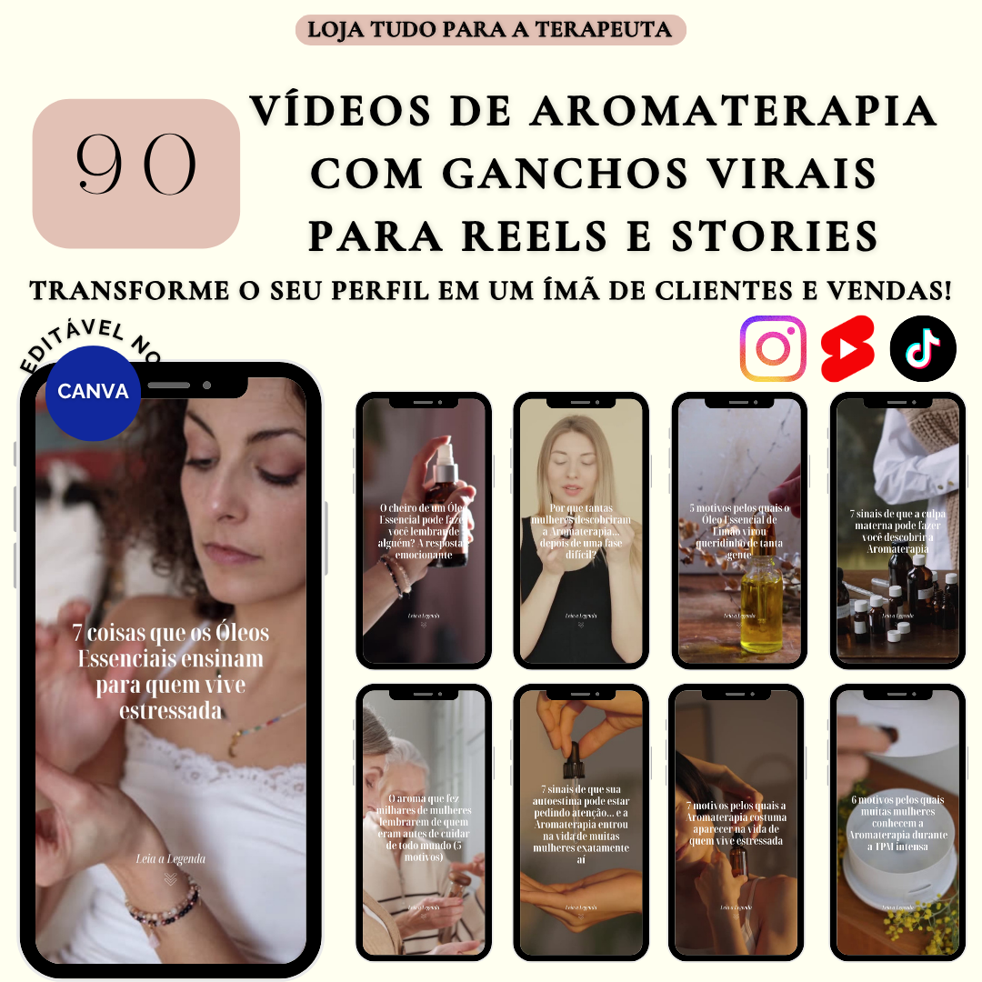 PACK DE VÍDEOS DE AROMATERAPIA E ÓLEOS ESSENCIAIS COM GANCHOS VIRAIS PARA REELS E STORIES