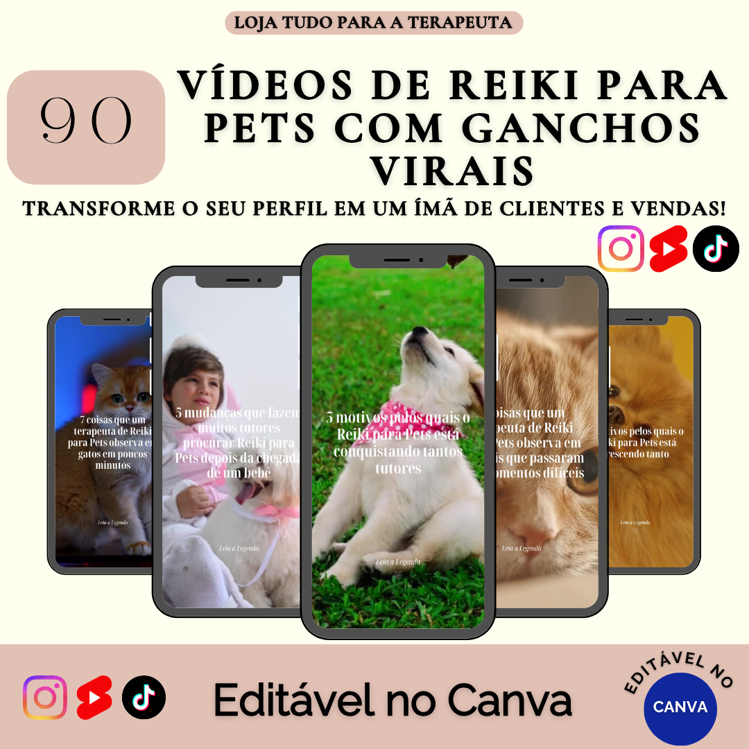 PACK 90 VÍDEOS DE REIKI PARA PETS COM GANCHOS VIRAIS PARA REELS E STORIES